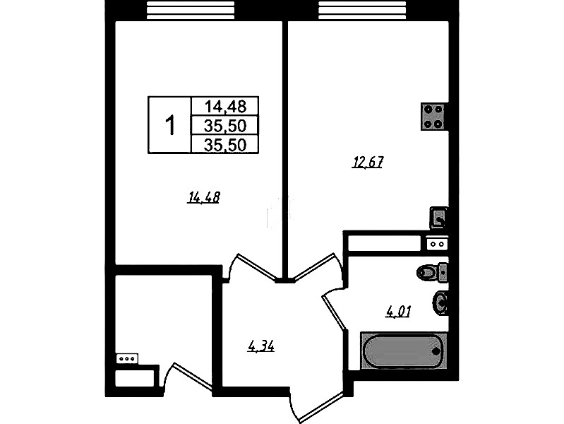 1-комнатная квартира 36.04 м², 14/14 эт., Комплекс апартаментов «Zoom на Неве»